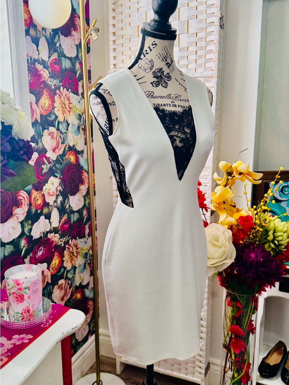 Mason White Mini Dress with Black Lace V-Neck in size small